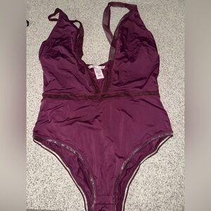 NWOT Victoria's Secret V-neck Plunge Bodysuit Burgundy Merlot Wine Sheer Panels